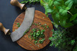 © Ina - Aromatic herbs chopped with mezzaluna knife on wooden cutting board
