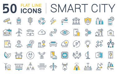 Wall Mural - set vector flat line icons smart city