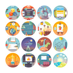 Education and science flat circle icons set.  Subjects and science disciplines. Vector icon collection. 
