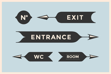 Canvas Print - set of vintage arrows and banners with inscription entrance, exit, room and wc. design elements in r