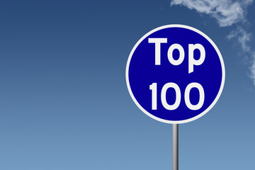 Sign with text Top 100 on sky background