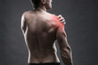 © staras - Pain in the shoulder. Muscular male body. Handsome bodybuilder posing on gray background