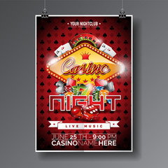 Vector Party Flyer design on a Casino theme with chips and cards on dark symbols background.