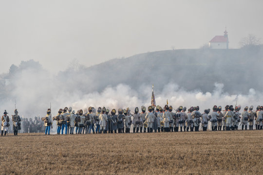 re-enactors uniformed as soldiers attend the re-enactment of the battle of austerlitz (1805)