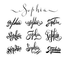 Personal Name Sophia. Vector Handwritten Calligraphy Tattoo Design Set