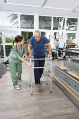 Wall Mural - Nurse In Scrubs Assisting Man With Walker At Fitness Studio