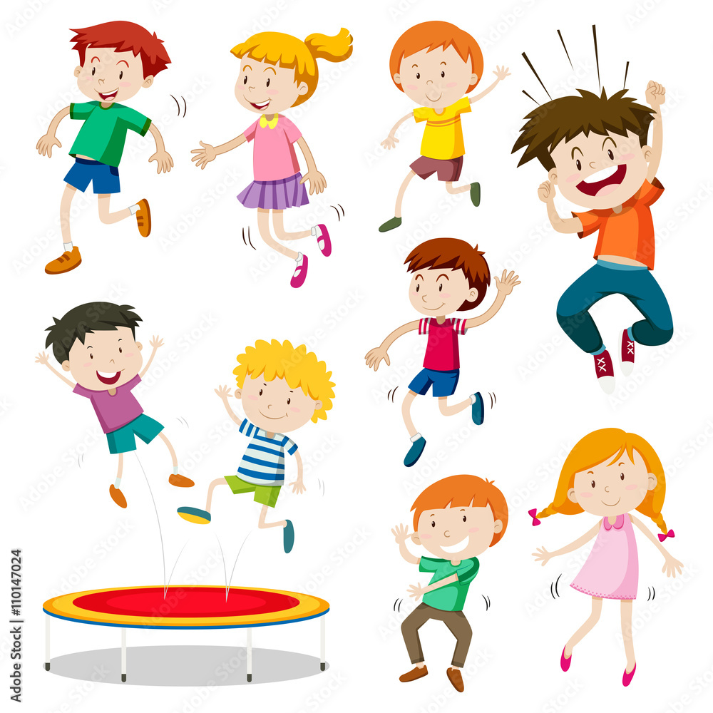 Boy and girl jumping on trampoline Stock Vector | Adobe Stock