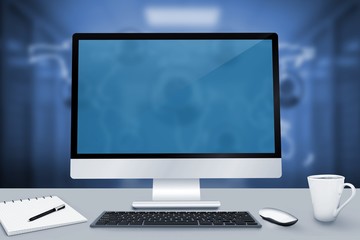 Wall Mural - composite image of image of a desk with computer