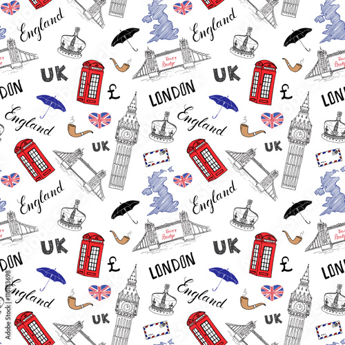 Dekoracja na wymiar  londyn-gryzmoly-elementy-wzor-z-recznie-rysowanym-mostem-wiezowym-korona-big-benem-czerwonym-autobusem-mapa-wielkiej-brytanii-flaga-i-napisem-ilustracja-wektorowa-na-bialym-tle