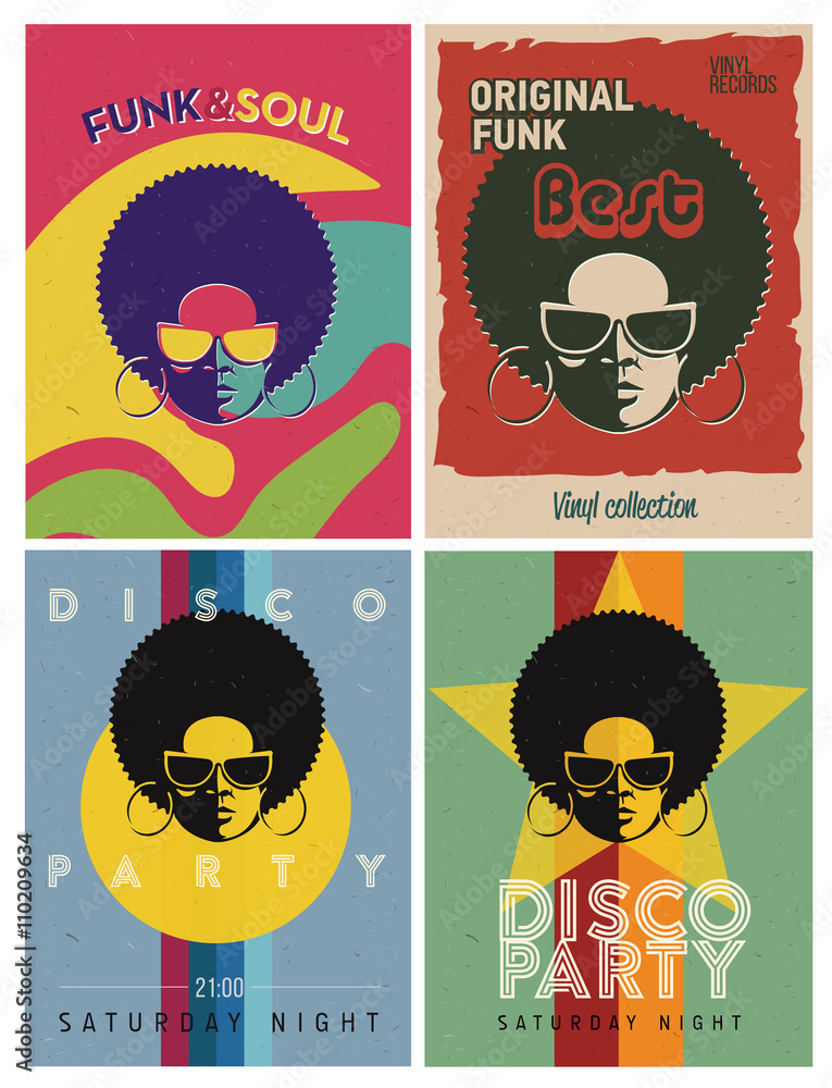 Disco party event flyers set. Collection of the creative vintage posters. Vector retro style template. - obrazy, fototapety, plakaty 