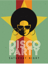 Disco Party Event Flyer. Creative Vintage Poster. Vector Retro Style Template. Black Woman In Sunglasses.