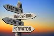 Creativity, innovation, incentive, motivation signpost