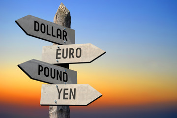 Canvas Print - Dollar, euro, pound, yen signpost