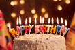 © Studio Romantic - Birthday cake with candles, bright lights bokeh.Celebration.