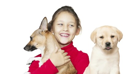 Canvas Print - Girl and dog on a white background