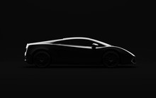 Black Luxury Sports Car On Dark Background. 3D Illustration Side View.