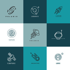 Sticker - Universe and astronomy thin line vector icons and logos set. Shuttle and astronomy label, technology astronomy logo, sputnik astronomy logotype illustration