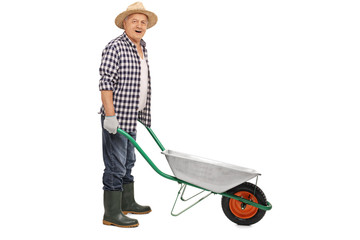 Wall Mural - Mature man pushing an empty wheelbarrow