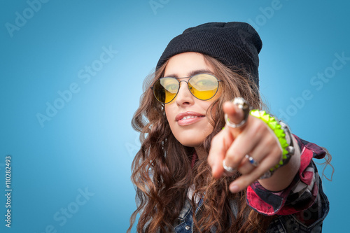 Closeup Portrait Of Beautiful Trendy Hipster Girl With Long Curly