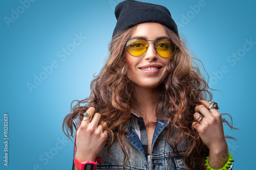 Closeup Portrait Of Beautiful Trendy Hipster Girl With Long Curly