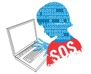 bored kid with a laptop. child stylized head silhouette with binary codes and laptop. vector availab