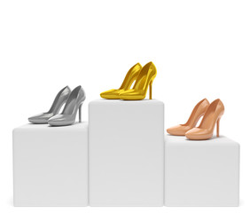 Gold, silver, bronze woman shoes (high heels stilettos) stand on winner podium as symbol of award ceremony of the best successful shoe company or shop (business advertising fashion creative concept)