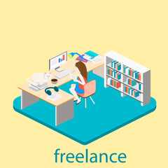 Wall Mural - Isometric interior of home office. Freelancer works at the computer. Flat 3D illustration.  On a table scattered papers