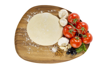 Sticker - pizza ingredients with dough on chopping board