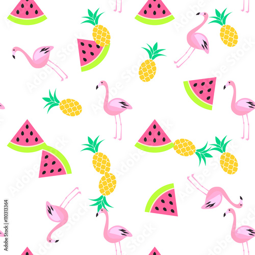 Naklejka samoprzylepna Tropik lato bezszwowe biały wzór z arbuza, flamingo i ananasy. 