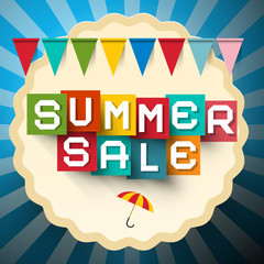 Sticker - Summer Sale Label. Colorful Sale Title. Paper Cut Vector Summer Sale Design with Flags on Blue Background.