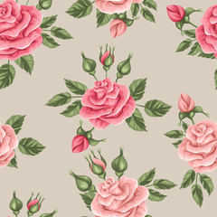 Wall Mural - Seamless pattern with vintage roses. Decorative retro flowers. Easy to use for backdrop, textile, wrapping paper, wallpaper