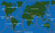 Plate tectonics - world map with fault lines of major an minor plates. GERMAN LABELING! Vector illustration.