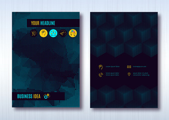 Wall Mural - Business brochure template layout, cover design annual report, magazine, flyer or booklet in A4. Dark turquoise halftone light background with business thin line icons. Vector Illustration