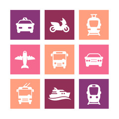 Canvas Print - Passenger transport icons, public transportation vector, bus, subway, tram, taxi, airplane, ship, simple icons on color squares, vector illustration