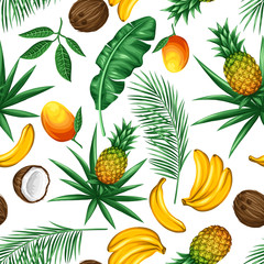Wall Mural - Seamless pattern with tropical fruits and leaves. Background made without clipping mask. Easy to use for backdrop, textile, wrapping paper