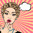 © stock_santa - Pop art retro woman shocked face with open mouth and thought bubble for message, comic sketch style
