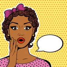 Vector African American Woman Portrait - Shocked Face With Open Mouth, Short Curly Brown Hair, Speech Bubble In Pop Art Retro Comic Style.