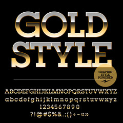 Vector set of luxury golden alphabet letters, numbers and punctuation symbols. Slab style