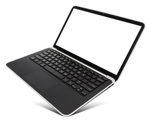 Wall Mural - Hovering aluminium laptop with blank screen, isolated on a white