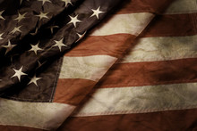 Old And Creased US Flag. Aged Flag Of US. Time Doesn't Stand Still. Past Won't Blur The Way.