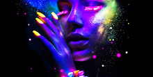 Fashion Woman In Neon Light, Portrait Of Beauty Model With Fluorescent Makeup