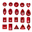 Set of realistic red jewels. Colorful red gemstones. Red rubies  isolated on white background. Princess cut jewel. Round cut jewel. Emerald cut jewel. Oval cut jewel. Pear cut jewel . Heart cut jewel.
