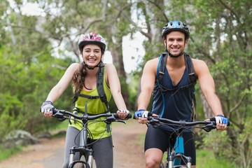 Wall Mural - Cheerful young couple with mountain bikes on footpath