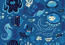 Cartoon Seamless Pattern With Sea Live. Vector Llustration