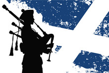 Silhouette Of A Bagpiper With Scottish Flag On The Background