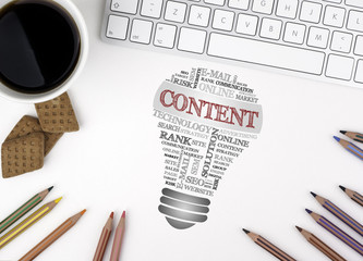 Wall Mural - CONTENT bulb word cloud. White office desk