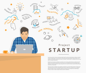 Wall Mural - man sitting at his work desk and planning a project startup. business symbols behind him such as ide