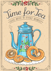 Wall Mural - Retro illustration Time for tea with teapot and bakery