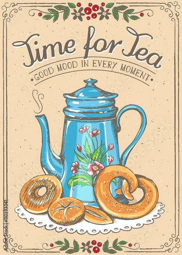 Retro illustration Time for tea with teapot and bakery Canvas Print