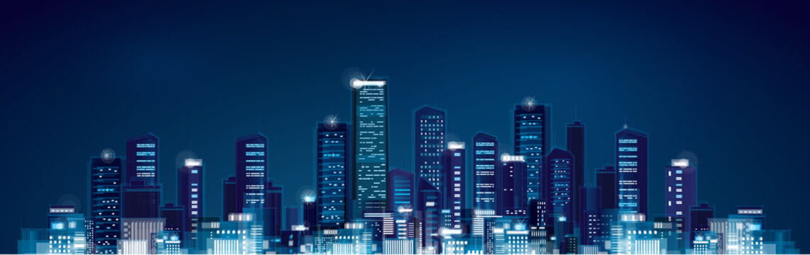 Vector night panoramic cityscape.